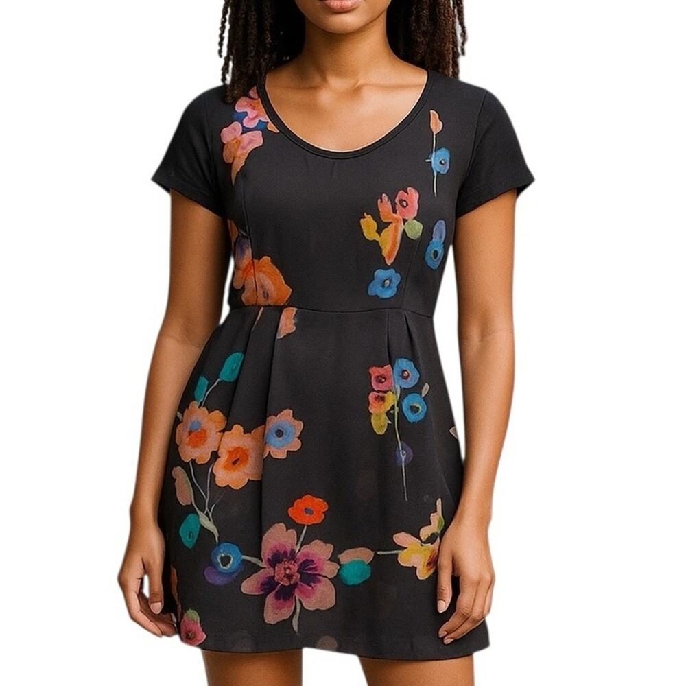 Rebecca Taylor Silk Floral Mini Dress Pleated Designer Dark Floral Size 6